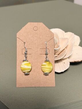 Yellow Swirl Glass Drop Earrings with Silver Accents